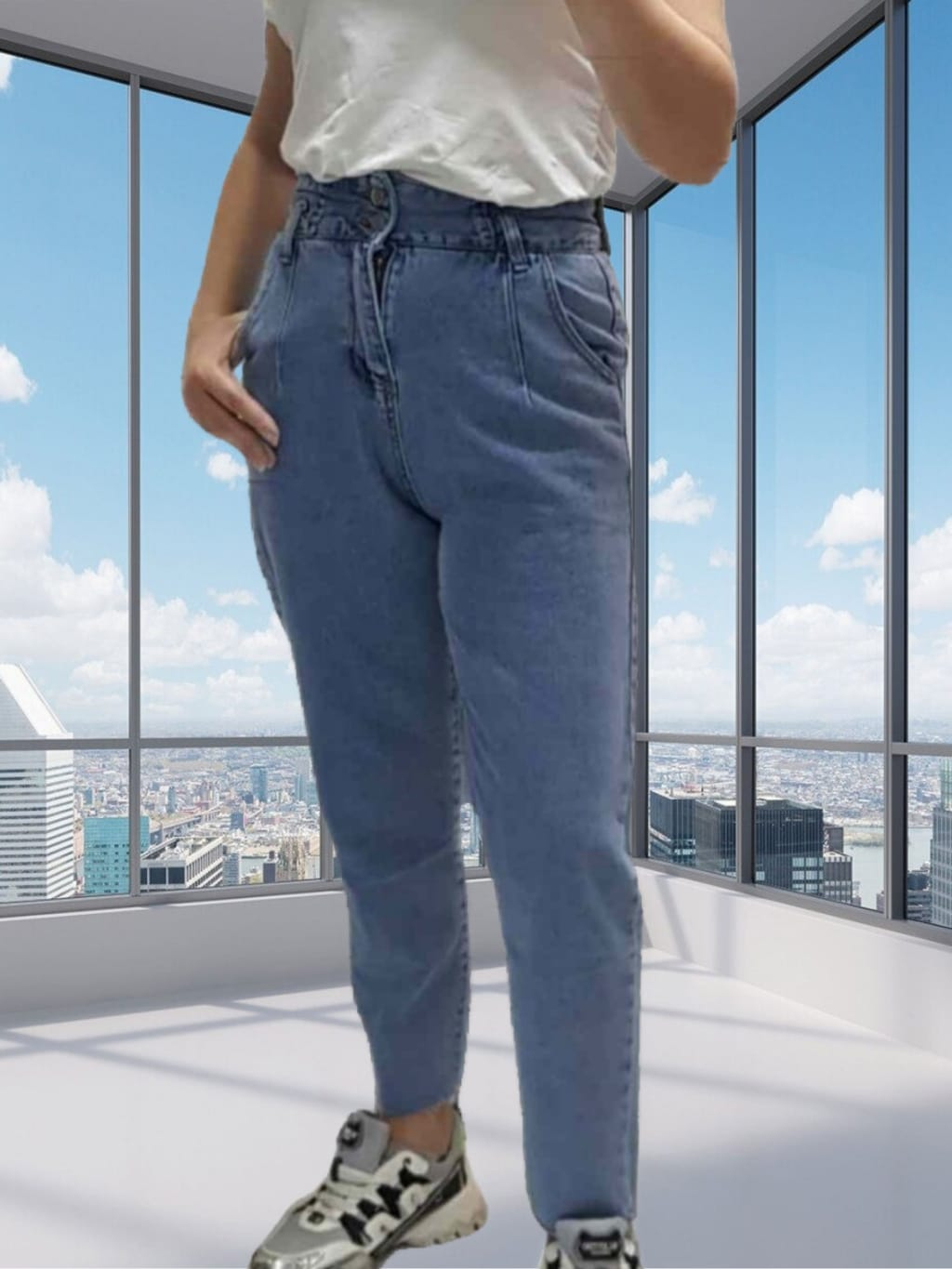 Плотные летние джинсы женские прямые на высокой талии (1)