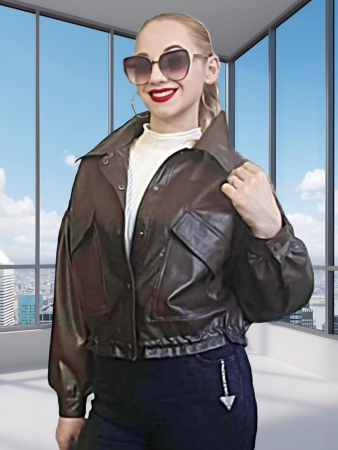 Куртка женская кожаная бомбер свободного кроя с большими карманами коричневая  (3)