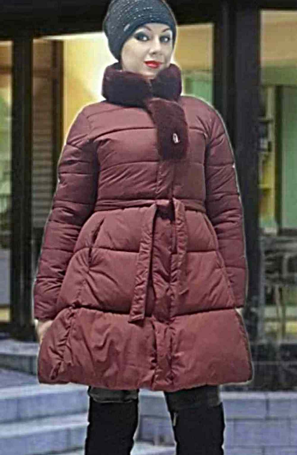 Бордовый зимний пуховик пальто клеш